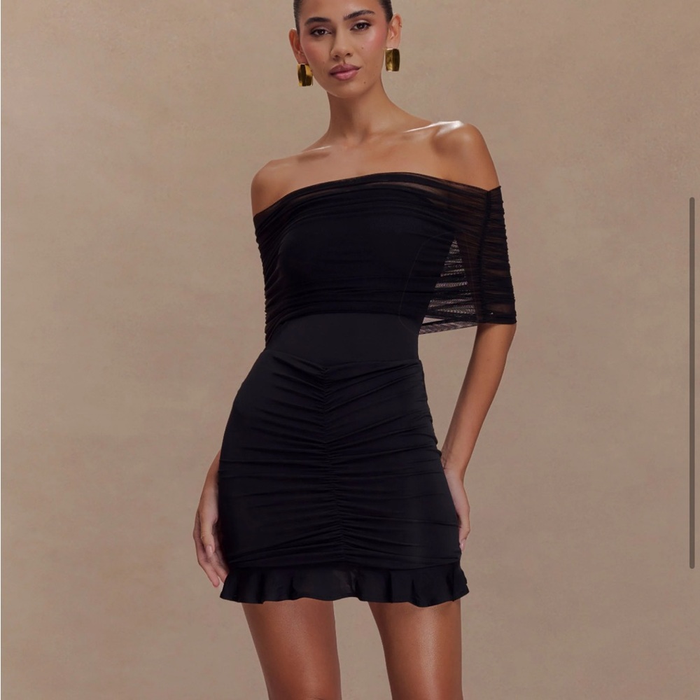 Meshki Black Ruched Off-Shoulder Mini Dress